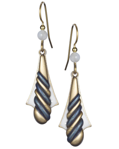 Gold Green Long Tear Drop Candy Cane Stripe & White shield Background Dangle Earrings Silver Forest