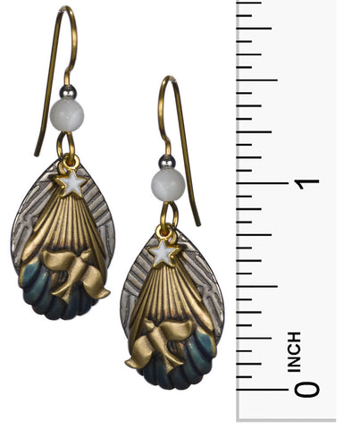 Bronze & Blue Bird Layered over Textured Sea Shell & Star on Tear Drop Disc Earrings - Silver Forest