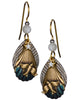 Bronze & Blue Bird Layered over Textured Sea Shell & Star on Tear Drop Disc Earrings - Silver Forest