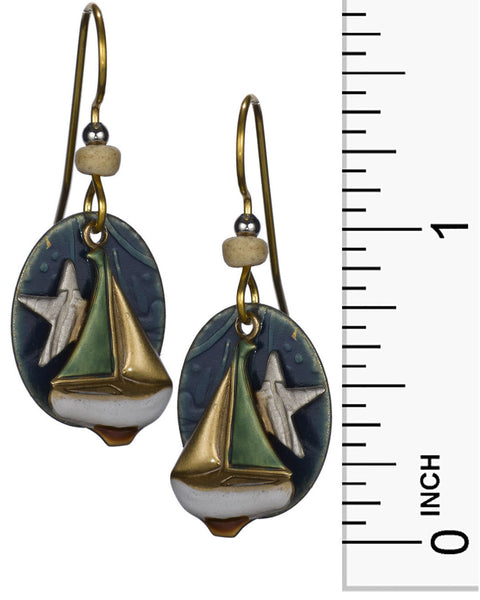 Bronze White Blue & Green Layered Star & Sailboat Earrings on Textured Purple Disc by Silver Forest