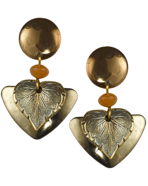 Gold Heart Leaf Petals & Orange Bead Dangling Earring 18k on Surgical Steel Earwire by Silver Forest