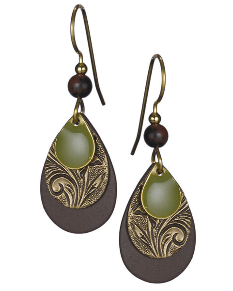 Green & Bronze Antique Floral Filigree Layered Tear Drop Earrings on Surgical Steel by Silver Forest