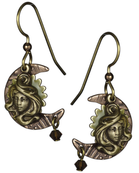 Gold Mermaid Green Sun Antique Crescent Moon Bead Filigree Earring on Surgical Steel - Silver Forest
