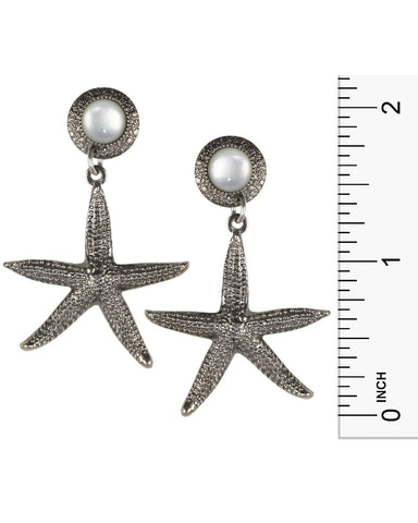 Mother of Pearl Shell & Textured Antique Starfish Drop Earrings by Silver Forest