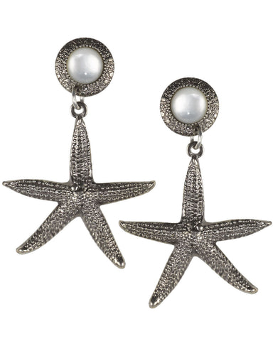 Mother of Pearl Shell & Textured Antique Starfish Drop Earrings by Silver Forest