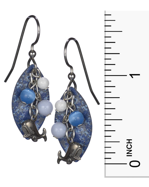 Antique Silver Whale Earrings & Dangling Beads Layered on Blue Textured Tear Drop Silver Forest