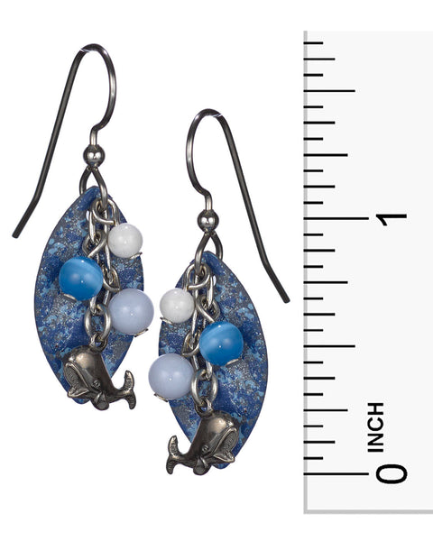 Antique Whale Earrings & Dangling Beads Layered on Blue Textured Tear Drop Silver Forest