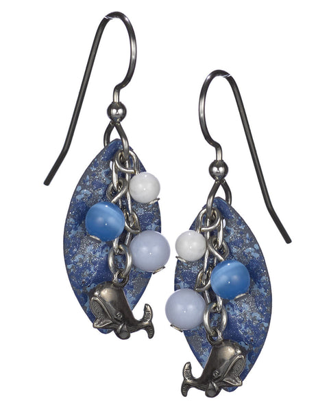 Antique Silver Whale Earrings & Dangling Beads Layered on Blue Textured Tear Drop Silver Forest