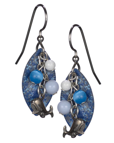 Silver Textured Sand Dollar Layered Over Blue Circular Disc Dangling Earrings by Silver Forest