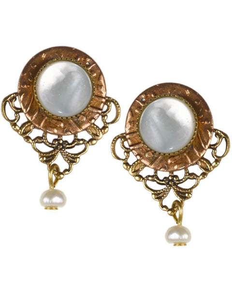 Mother of Pearl in Gold Filigree with a Triangle Shape on Surgical Steel Earrings by Silver Forest