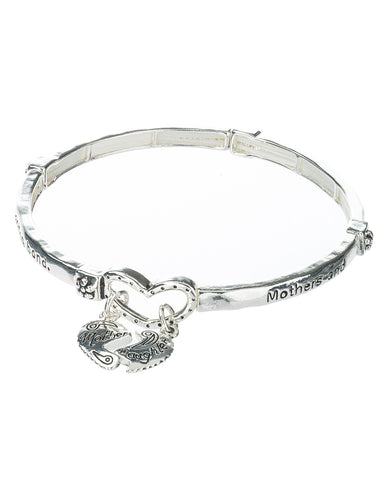 Silver-tone Mothers Love Twist Engraved Bangle Bracelet with Heart Charm by Jewelry Nexus