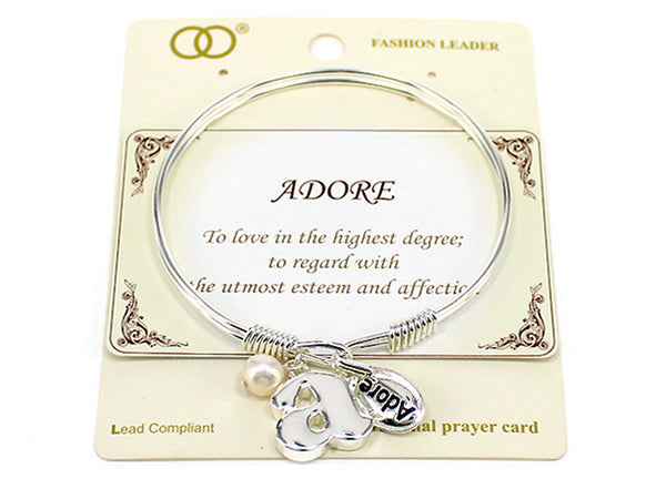 "A-ADORE" Letter A Adore & Imitation Pearl Charm Wire Bracelet by Jewelry Nexus