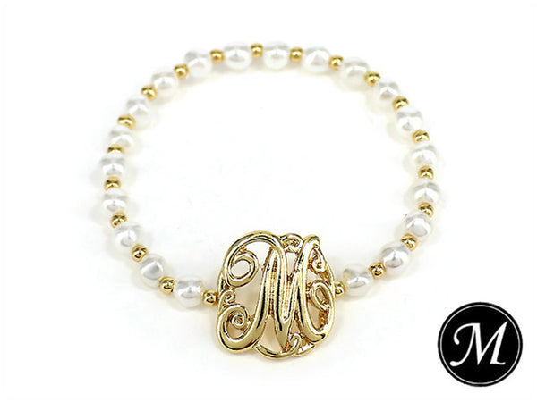 "M" Designer Monogram Imitation Pearl Stretch Bracelet Jewelry Nexus