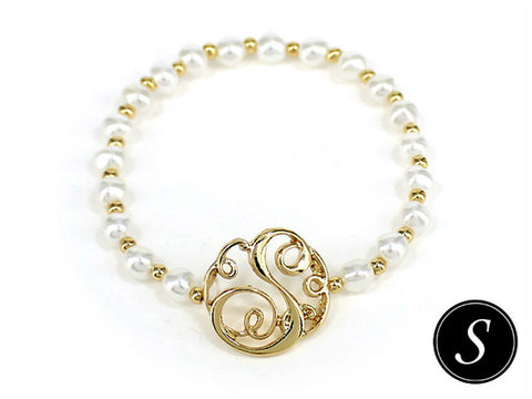 "S" Designer Monogram Imitation Pearl Stretch Bracelet by Jewelry Nexus