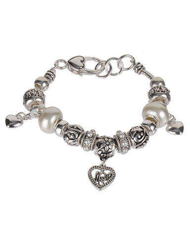 Mom Theme Heart Charm Designer Finish Imitation Pearl & Bead Bracelet - Jewelry Nexus