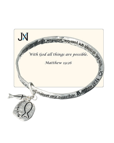 Matthew 19:26 Inspirational Hammered Fish Engraved Bangle Bracelet With God all things are possible