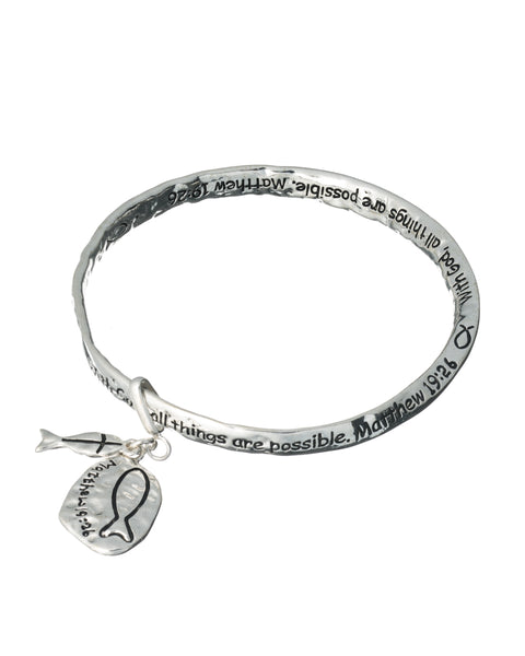 Matthew 19:26 Inspirational Hammered Fish Engraved Bangle Bracelet With God all things are possible