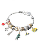 Two-tone I Love New York Theme Bead Charm Bracelet & Heart Clasp Closure Big Apple Statue of Liberty