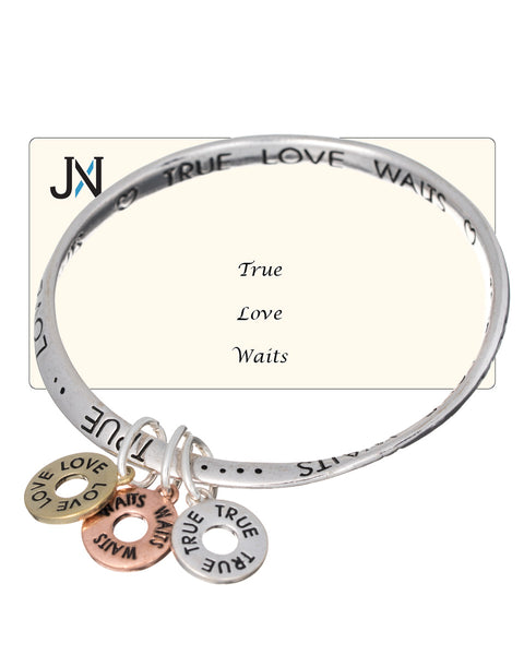 True Love Waits Charm Engraved Twist Bangle Bracelet with Inspirational Card by Jewelry Nexus