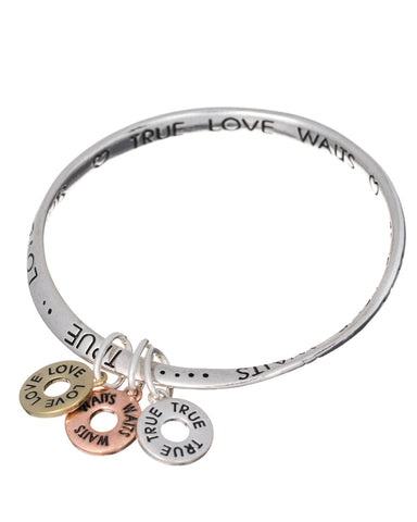 True Love Waits Charm Engraved Twist Bangle Bracelet with Inspirational Card by Jewelry Nexus