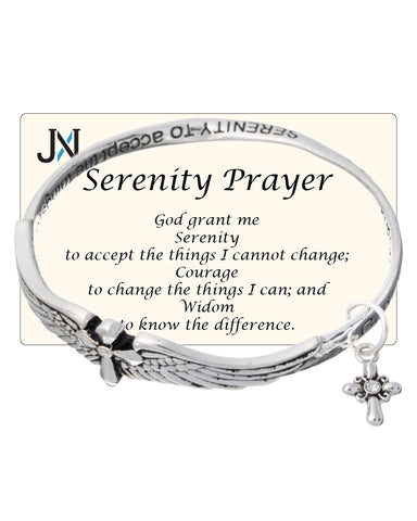 The Serenity Prayer Engraved Angel Wing with Cross Charm Twist Bangle Bracelet by Jewelry Nexus