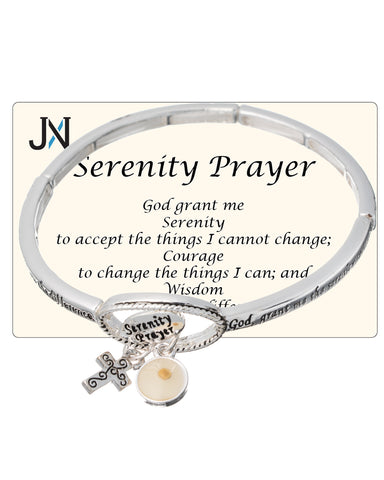 Serenity Prayer Engraved Cross & Mustard Seed Charm Stretch Bracelet by Jewelry Nexus