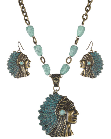 Native American Feather Head Blue Stone Necklace Earring Set by Jewelry Nexus