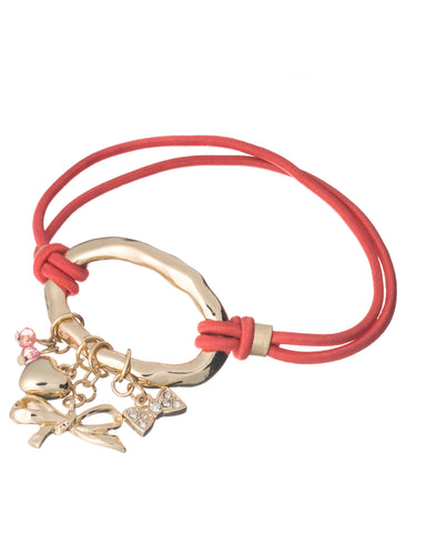 Hammered Finish Ribbon & Heart charm Dual Function Hair Tie & Stretch Bracelet by Jewelry Nexus