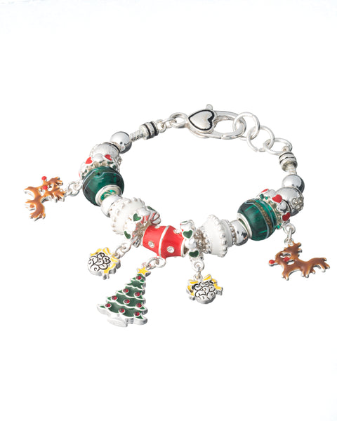 Green Christmas Tree Red Reindeer Yellow Tinsel Cluster Heart Charm Bracelet - Jewelry Nexus