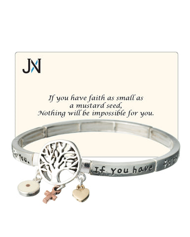 Tree of Life Seed Of Faith Heart & Cross Charm Stretch Inspirational Bracelet - Jewelry Nexus