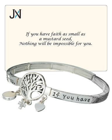 Tree of Life Seed Of Faith Heart & Cross Charm Stretch Inspirational Bracelet - Jewelry Nexus