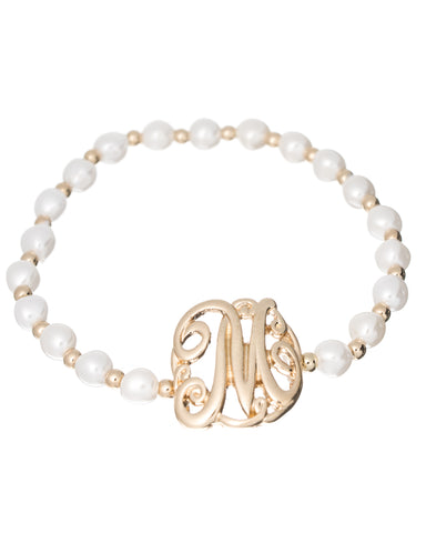 "A" Designer Monogram Imitation Pearl Stretch Bracelet by Jewelry Nexus