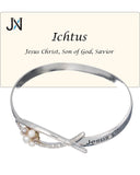 Ichtus Prayer Engraved with Imitation Pearl & Crystal Bracelet 