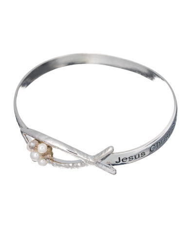 Ichtus Prayer Engraved with Imitation Pearl & Crystal Bracelet "Jesus Christ Son of God Savior"