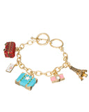 Europe Trip Travel Gold-tone Charm Bracelet Eiffel Tower London Bus Suitcase Camera Letter -Jewelry Nexus