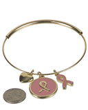 Pink Ribbon & Heart Charm Adjustable Bracelet 