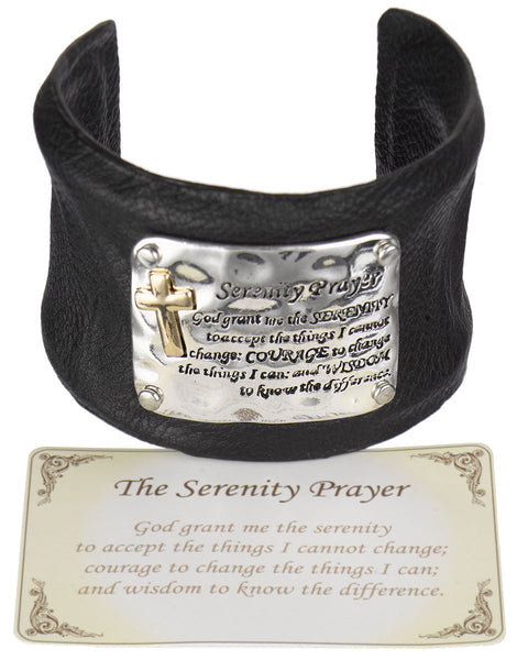 Serenity Prayer Hammered Faux Leather Inspirational Cuff Bracelet with Prayer Card - Jewelry Nexus