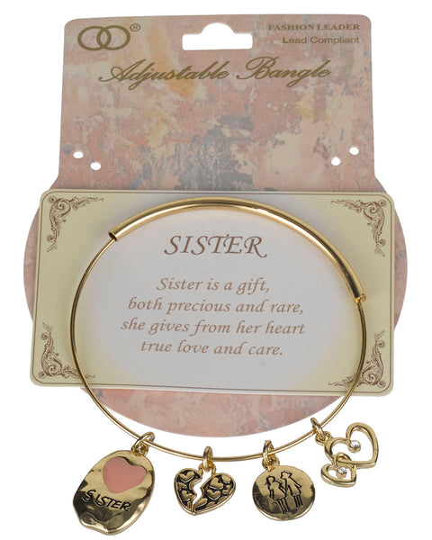 Sister Inspirational Sister & Heart Charm Adjustable Bangle Bracelet with Prayer Card- Jewelry Nexus