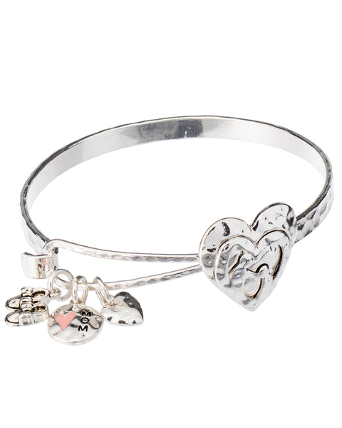 Mom & Daughter Heart & Little Feet Three Charm Hammered Bracelet with Inspirational Card