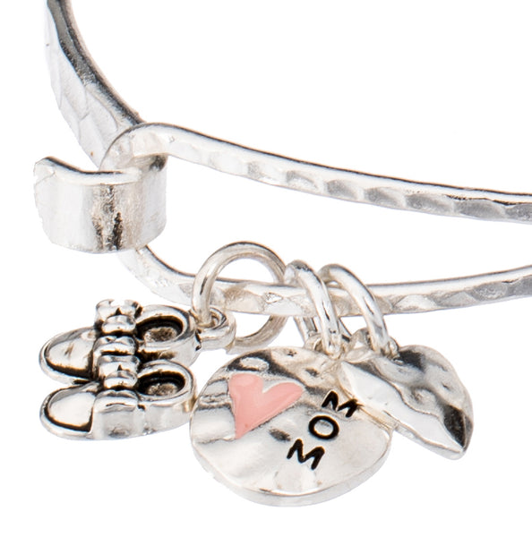 Mom & Daughter Heart & Little Feet Three Charm Hammered Bracelet with Inspirational Card