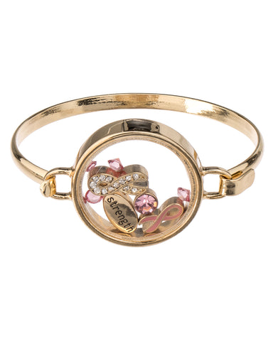 Pink Ribbon & Strength Floating Charm Locket Style Bracelet