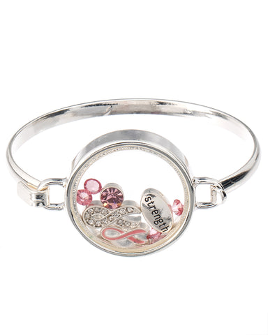 Pink Ribbon & Strength Floating Charm Locket Style Bracelet