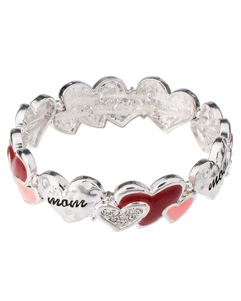Mom Pink & Red Hearts Mother Theme Stretch Bracelet with Inspirational Card