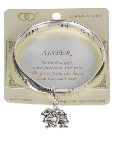 Sister Inspirational Two Sister Charm Twist Bangle Bracelet with Prayer Card - Jewelry Nexus