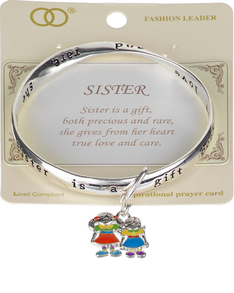 Sister Inspirational Two Sister Charm Twist Bangle Bracelet with Prayer Card - Jewelry Nexus