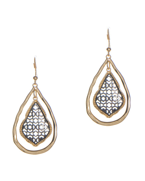 Moroccan Filigree Charm Double Teardrop  Two-Tone Textured Earrings