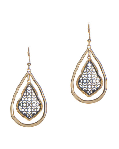Moroccan Filigree Charm Double Teardrop  Two-Tone Textured Earrings
