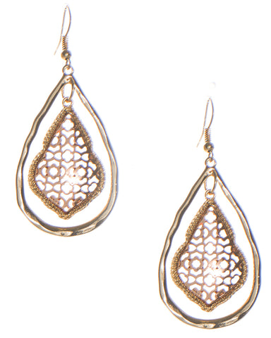 Moroccan Filigree Charm Double Teardrop  Two-Tone Textured Earrings