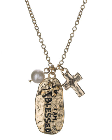 Cross Charm Hammered I am Blessed Oval Pendant & Imitation Pearl Chain Necklace By Jewelry Nexus