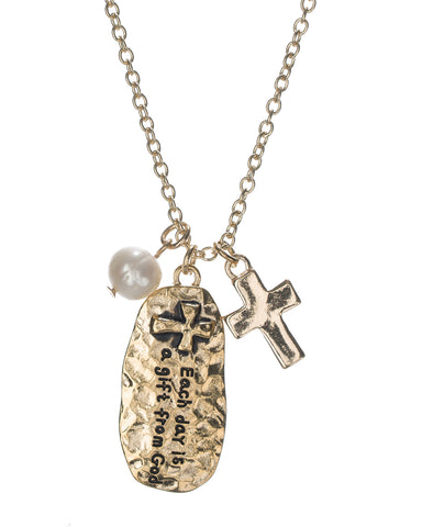 Hammered Cross Charm & Imitation Pearl Oval Pendant Necklace Each Day is a Gift From God